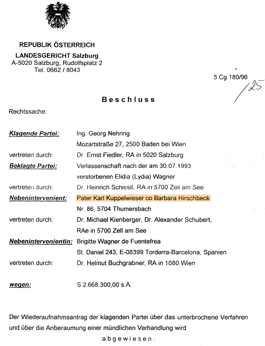 Beweis vorbereitende Fälschung einer Vollmacht für Barbara Hirschbäck für Verlassenschaft nach geplantem Mord an Patientin von Arzt Dr. Ernst Höfer durch EIDESSTATTLICHE ERKLÄRUNG des angeblichen Vollmachtgebers KUPPELWIESER